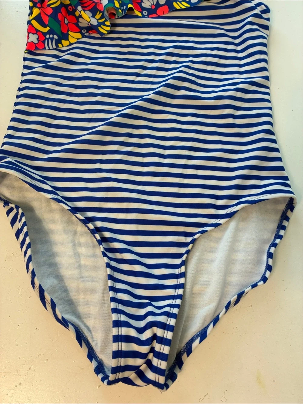 Cat & Jack XL 14/16 Blue White Striped One Piece Floral Swimsuit